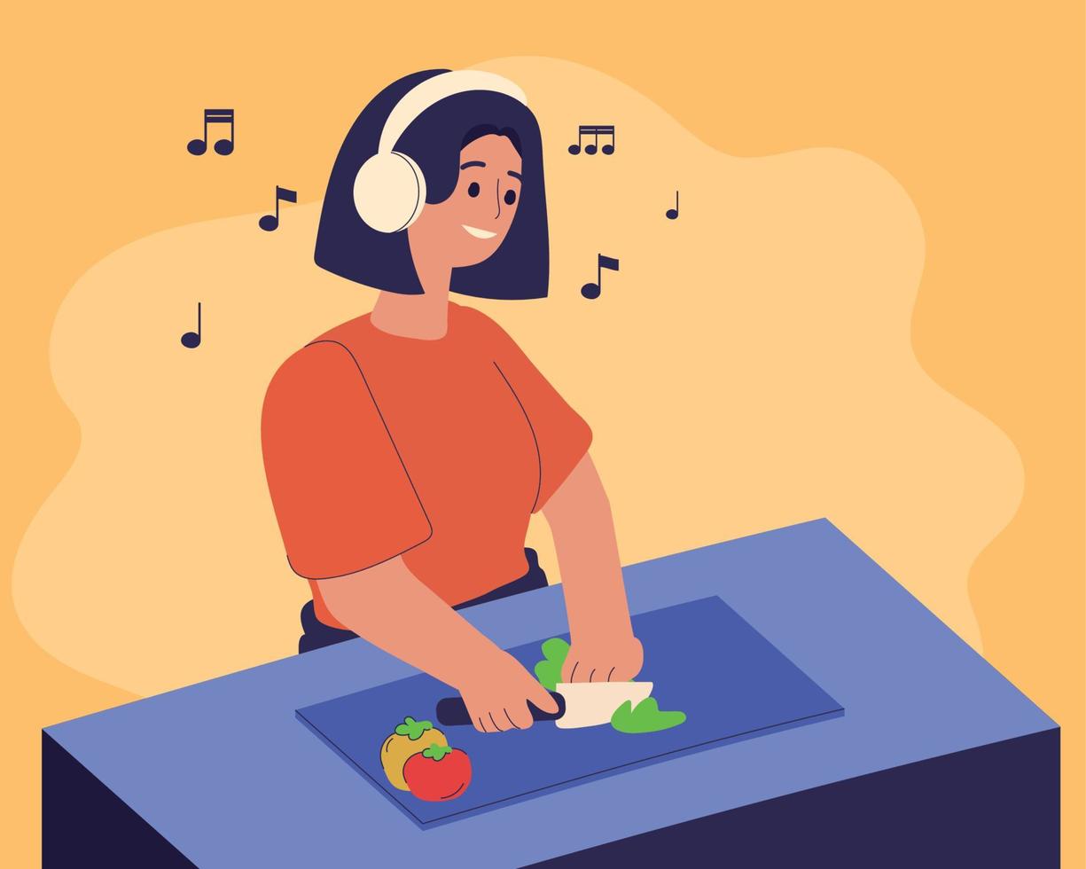 woman cooking and listening music 10426720 Vector Art at Vecteezy