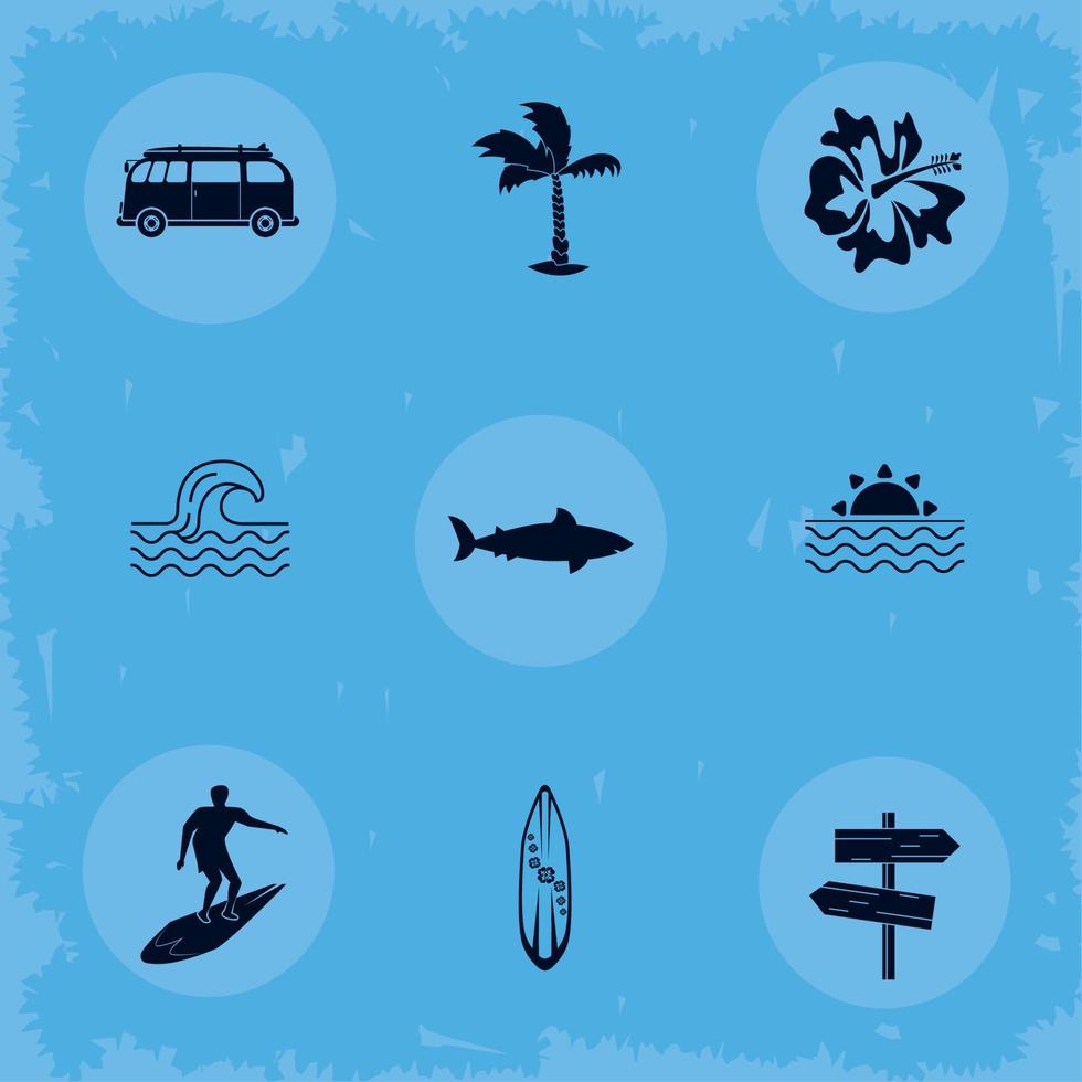 nueve iconos de deportes de surf vector