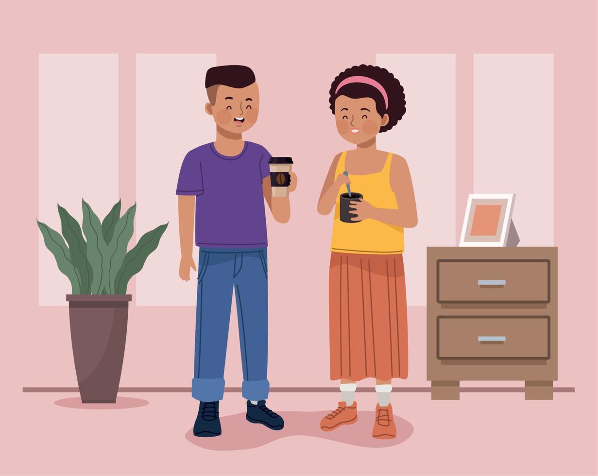 afro couple drinking coffee vector