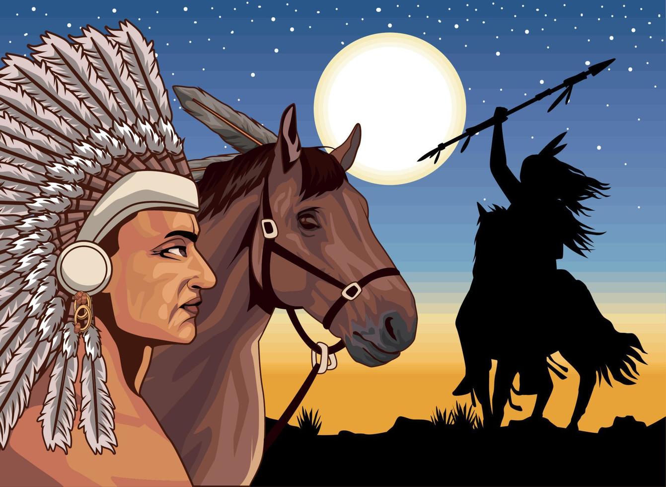 natives and horses night vector