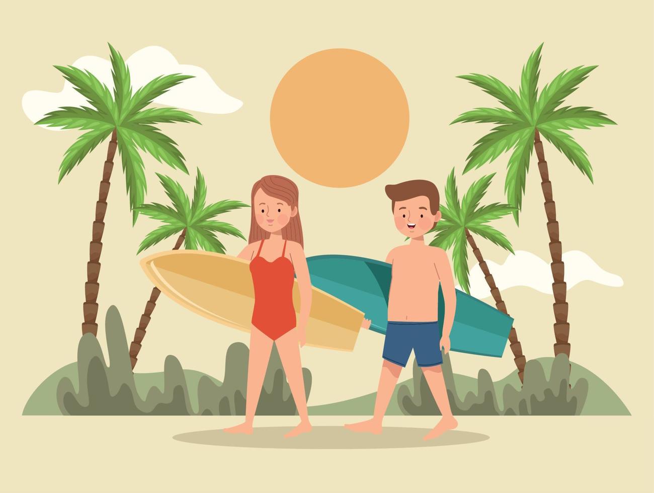 pareja de surfistas con palmeras vector