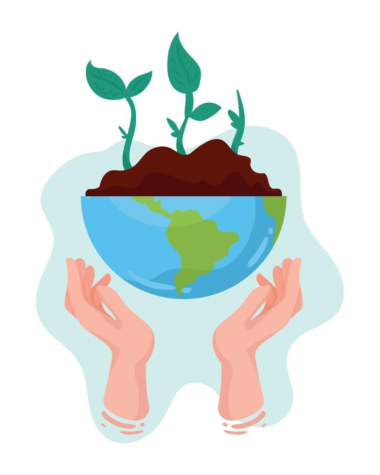 hands lifting earth with trees vector