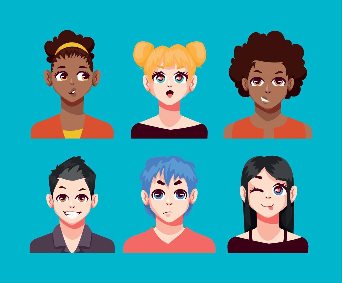 seis personas de estilo anime vector