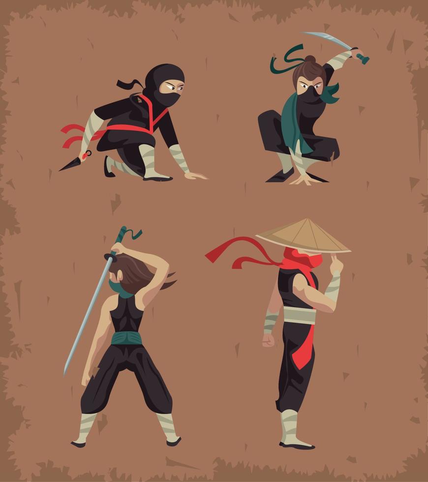 cuatro personajes guerreros ninjas vector