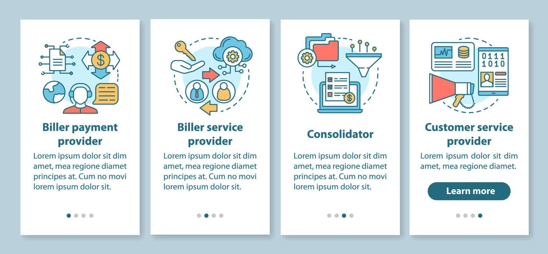 servicios de facturación que incorporan la pantalla de la página de la aplicación móvil con conceptos lineales. pago del facturador, proveedor de asesoramiento. instrucciones gráficas de cuatro pasos de recorrido. ux, ui, plantilla vectorial gui con ilustraciones vector