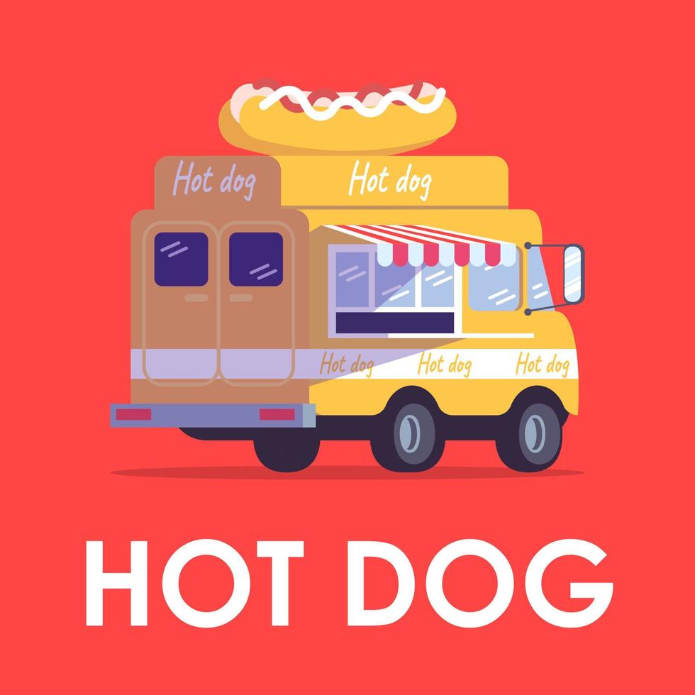 Hot dog poster vector template. Fast food trailer. Brochure, cover, booklet page concept design with flat illustrations. Ready takeaway meal vehicle. Advertising flyer, leaflet, banner layout idea
