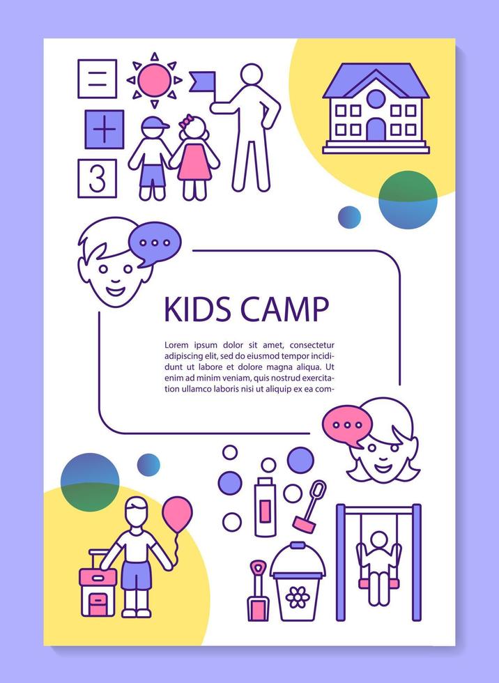 Summer holiday school camp brochure template layout. Flyer, booklet, leaflet print design with linear illustrations. Vector page layouts for magazines, annual reports, advertising posters..