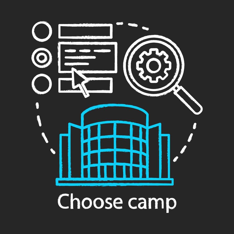 Choose, pick camp chalk concept icon. Holiday resort, interest club application idea. Different summer camp variants research, information. Vector isolated chalkboard illustration.