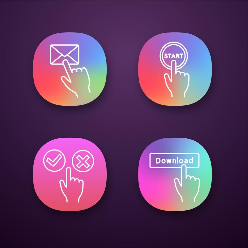 Click app icons set. Message, start, accept and decline, download. UIUX user interface. Web or mobile applications. Vector isolated illustrations