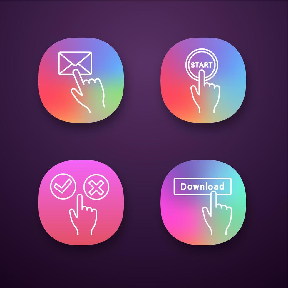 haga clic en conjunto de iconos de aplicaciones. mensaje, iniciar, aceptar y rechazar, descargar. interfaz de usuario uiux. aplicaciones web o móviles. Ilustraciones de vectores aislados