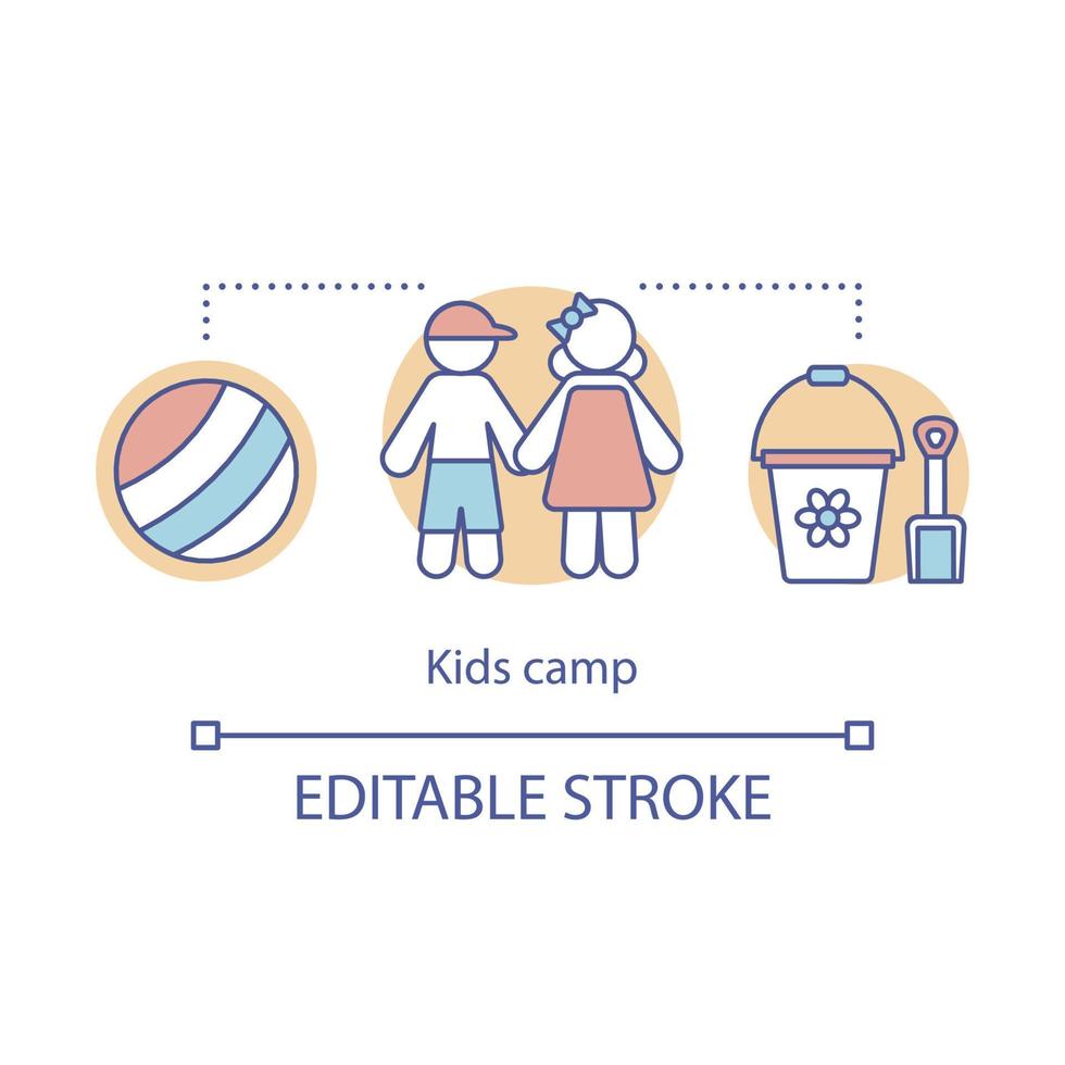 Children, kid camp concept icon. Summer club, community idea thin line illustration. Child holiday resort. Educational after school facility. Vector isolated outline drawing. Editable stroke.. ..