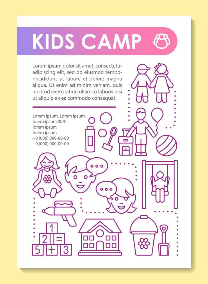 Kids, children summer camp brochure template layout. Flyer, booklet, leaflet print design with linear illustrations. Vector page layouts for magazines, annual reports, advertising posters