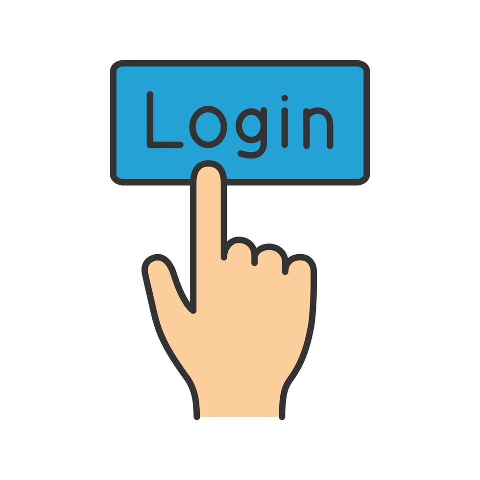 Login button click color icon. Authorization. Hand pressing button. Isolated vector illustration