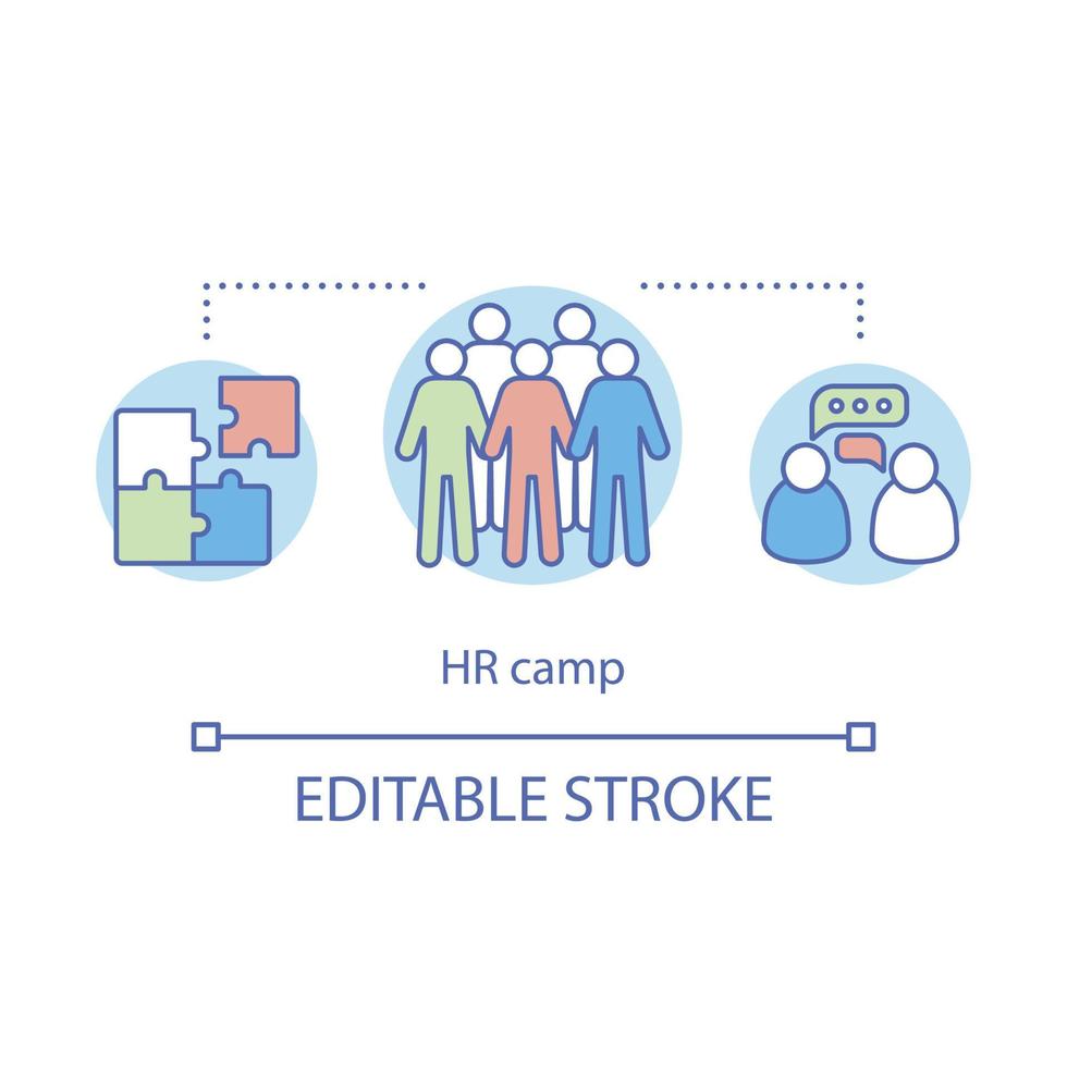 Human resources, HR camp concept icon. Summer corporate club, community idea thin line illustration. Company, business employee bootcamp. Vector isolated outline drawing. Editable stroke