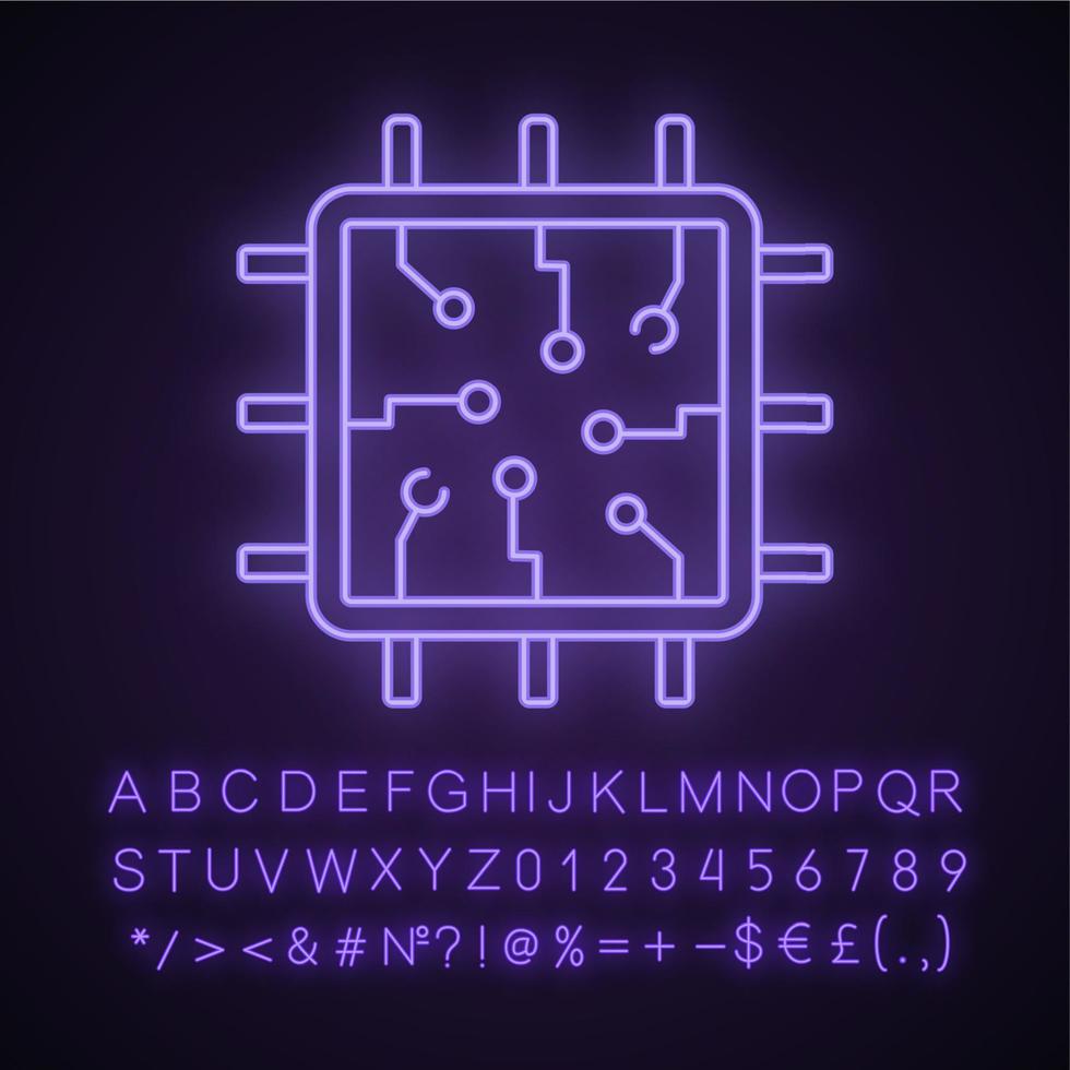 Chip neon light icon. Processor. Central processing unit. Artificial intelligence. Glowing sign with alphabet, numbers and symbols. Vector isolated illustration
