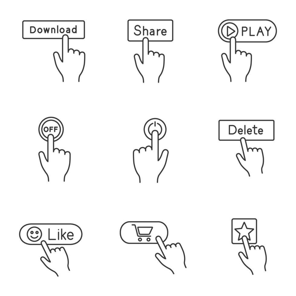 App buttons linear icons set. Click. Download, share, play, turn off, power, delete, like, buy, add to favorite. Thin line contour symbols. Isolated vector outline illustrations. Editable stroke