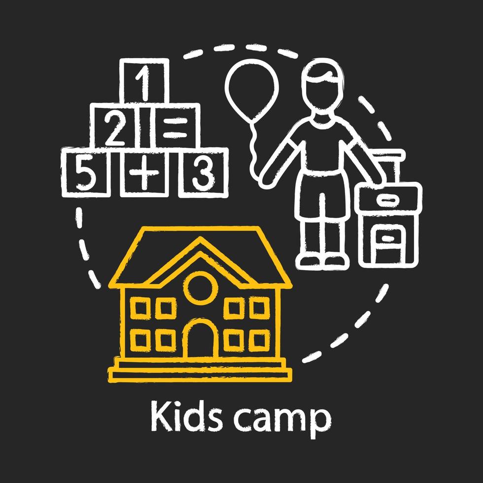 Kids camp chalk concept icon. Summer children club, community. Child holiday resort, after class, preschool education. Educational after school facility idea. Vector isolated chalkboard illustration