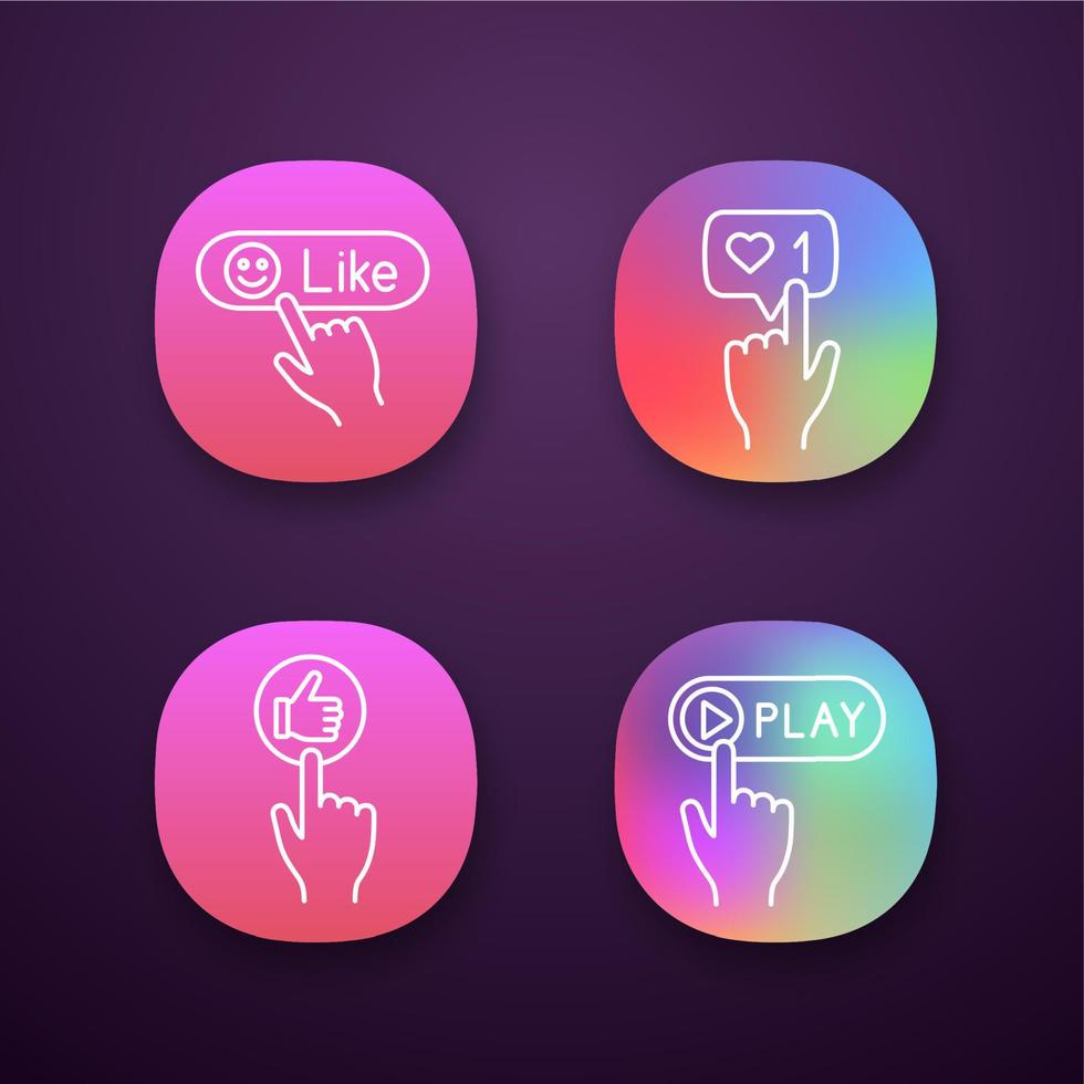 Click app icons set. Likes counter, play, like. UIUX user interface. Web or mobile applications. Vector isolated illustrations