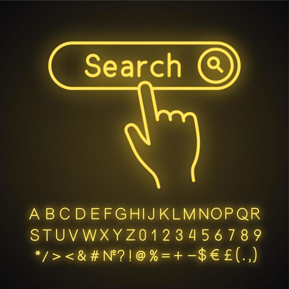 Search button click neon light icon. Internet surfing. Hand pressing find button. Glowing sign with alphabet, numbers and symbols. Vector isolated illustration