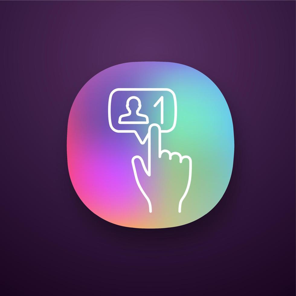 New follower button click app icon. UIUX user interface. Social media subscriber. New friend. Hand pressing button. Web or mobile applications. Vector isolated illustration