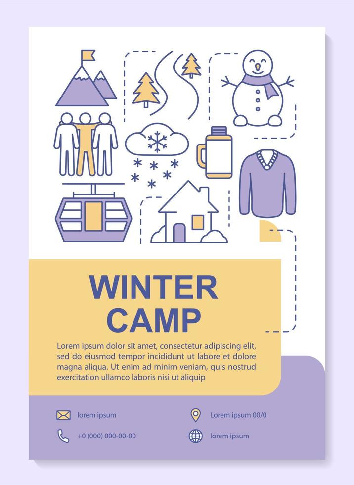 Snowy mountain holiday resort brochure template layout. Flyer, booklet, leaflet print design with linear illustrations. Vector page layouts for magazines, annual reports, advertising posters