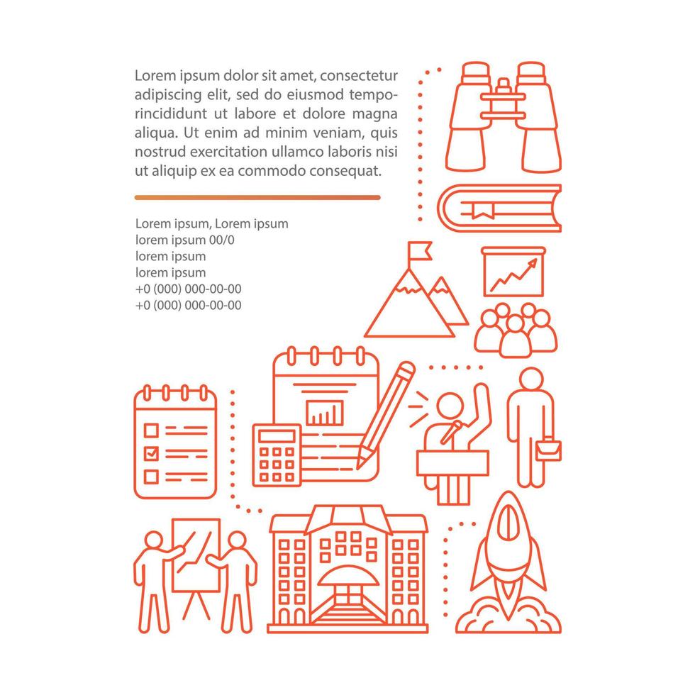 Startup, fresh business development camp article page vector template. Brochure, magazine, booklet design element with linear icons and text boxes. Print design. Concept illustrations with text space
