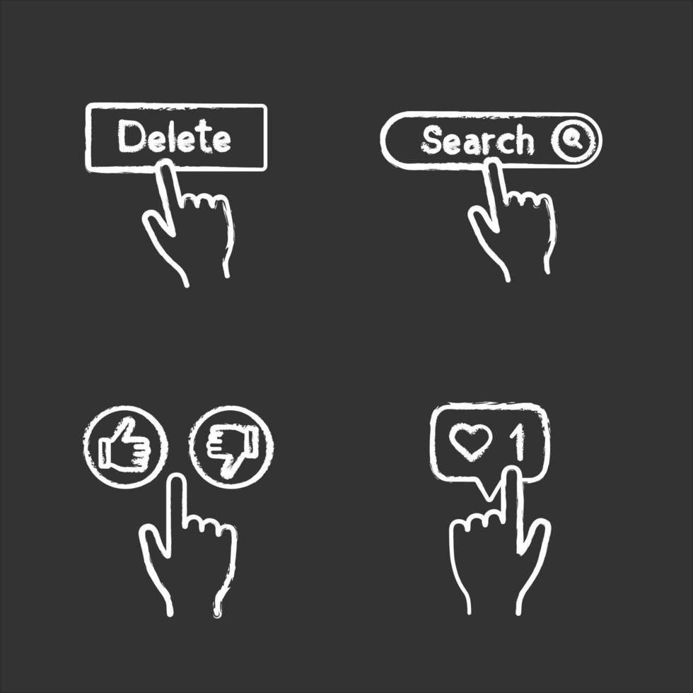 App buttons chalk icons set. Click. Delete, search, like and dislike, likes counter. Isolated vector chalkboard illustrations