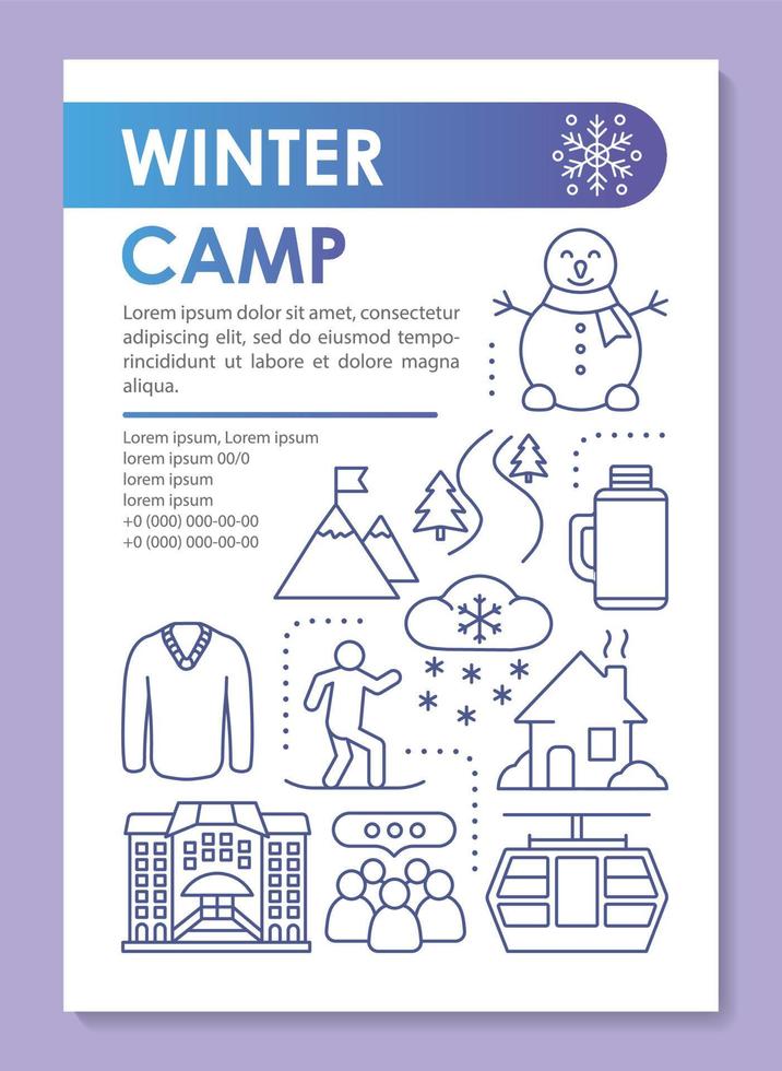 Winter, snow camp, holiday resort brochure template layout. Flyer, booklet, leaflet print design with linear illustrations. Vector page layouts for magazines, annual reports, advertising posters