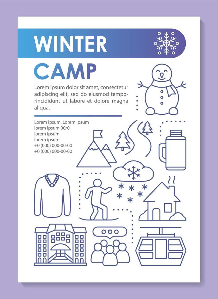 invierno, campamento de nieve, diseño de plantilla de folleto de resort de vacaciones. folleto, folleto, diseño de impresión de folleto con ilustraciones lineales. diseños de páginas vectoriales para revistas, informes anuales, carteles publicitarios vector