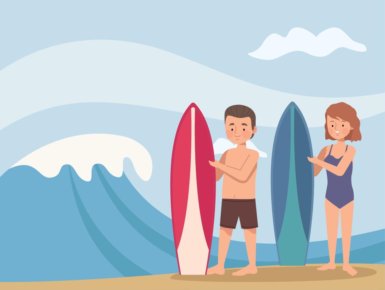 pareja de surfistas con ola vector