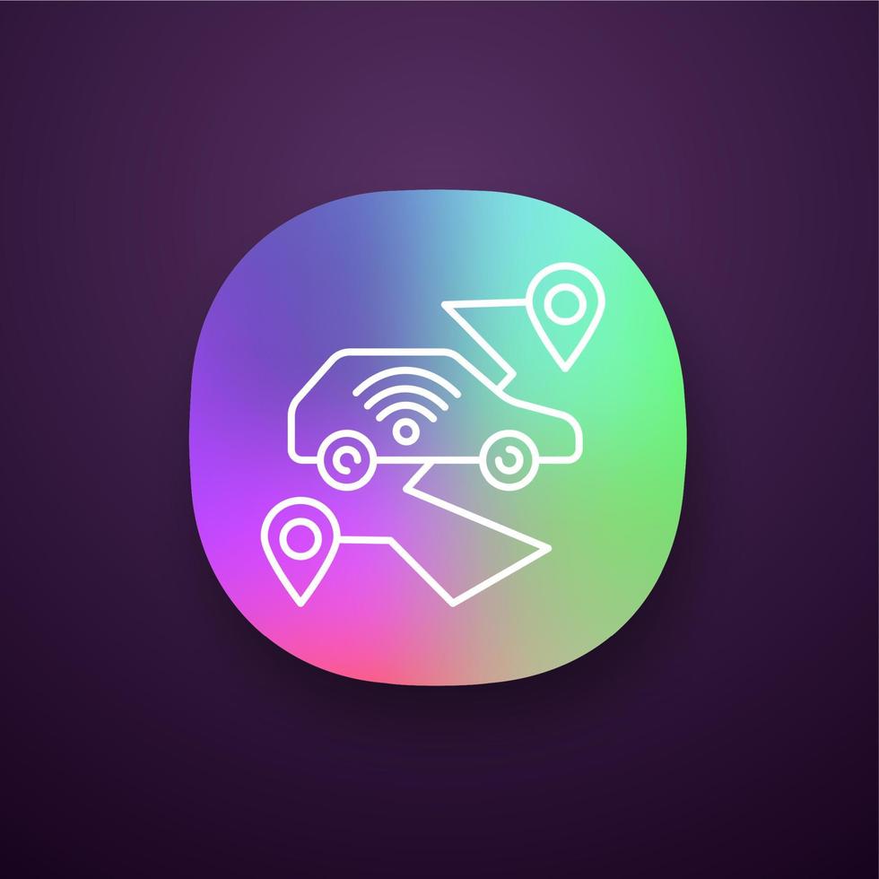 Self driving car app icon. Smart navigation. Setting pickup, drop off locations. Driverless auto route. Autonomous automobile. UIUX interface. Web or mobile application. Vector isolated illustration