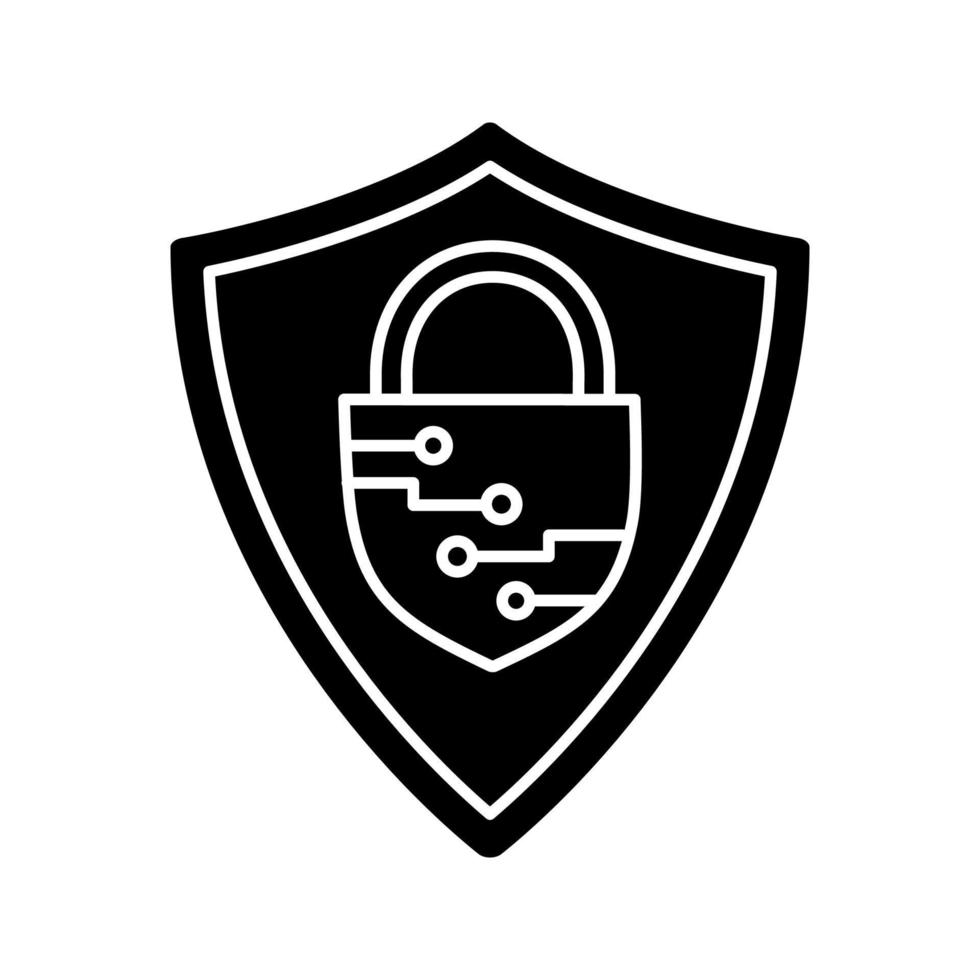 Cybersecurity glyph icon. Silhouette symbol. Safeguard. Shield with closed padlock inside. Artificial intelligence. Negative space. Vector isolated illustration