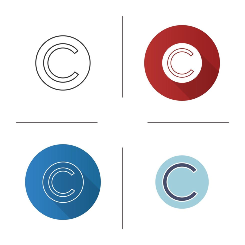 Copyright symbol icon. License. Intellectual property. Enclosed C. Flat design, linear and color styles. Isolated vector illustrations