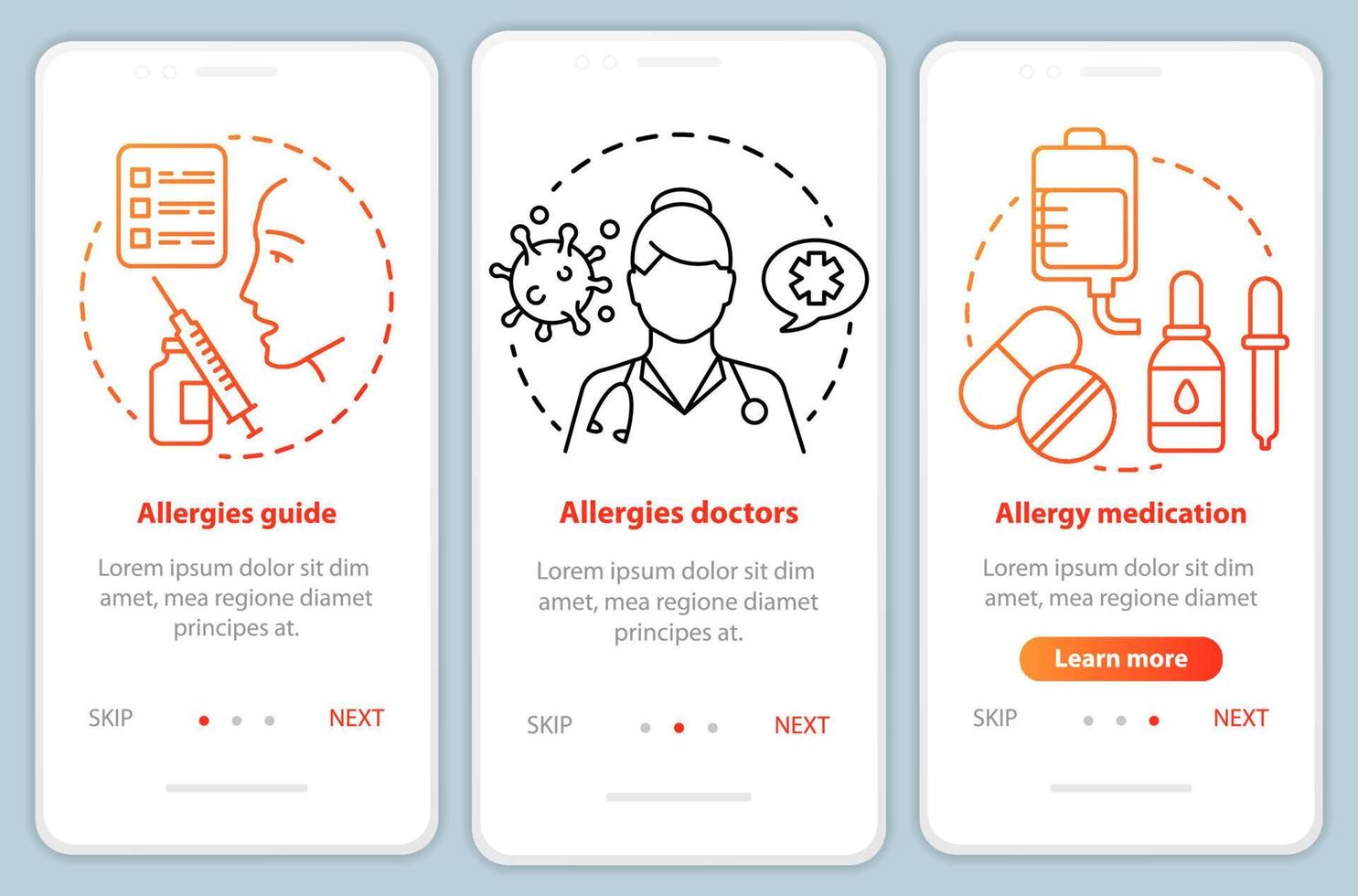 Allergy medical help onboarding mobile app page screen vector template. Allergies guide, doctors, medication. Walkthrough website steps with illustrations. UX, UI, GUI smartphone interface concept