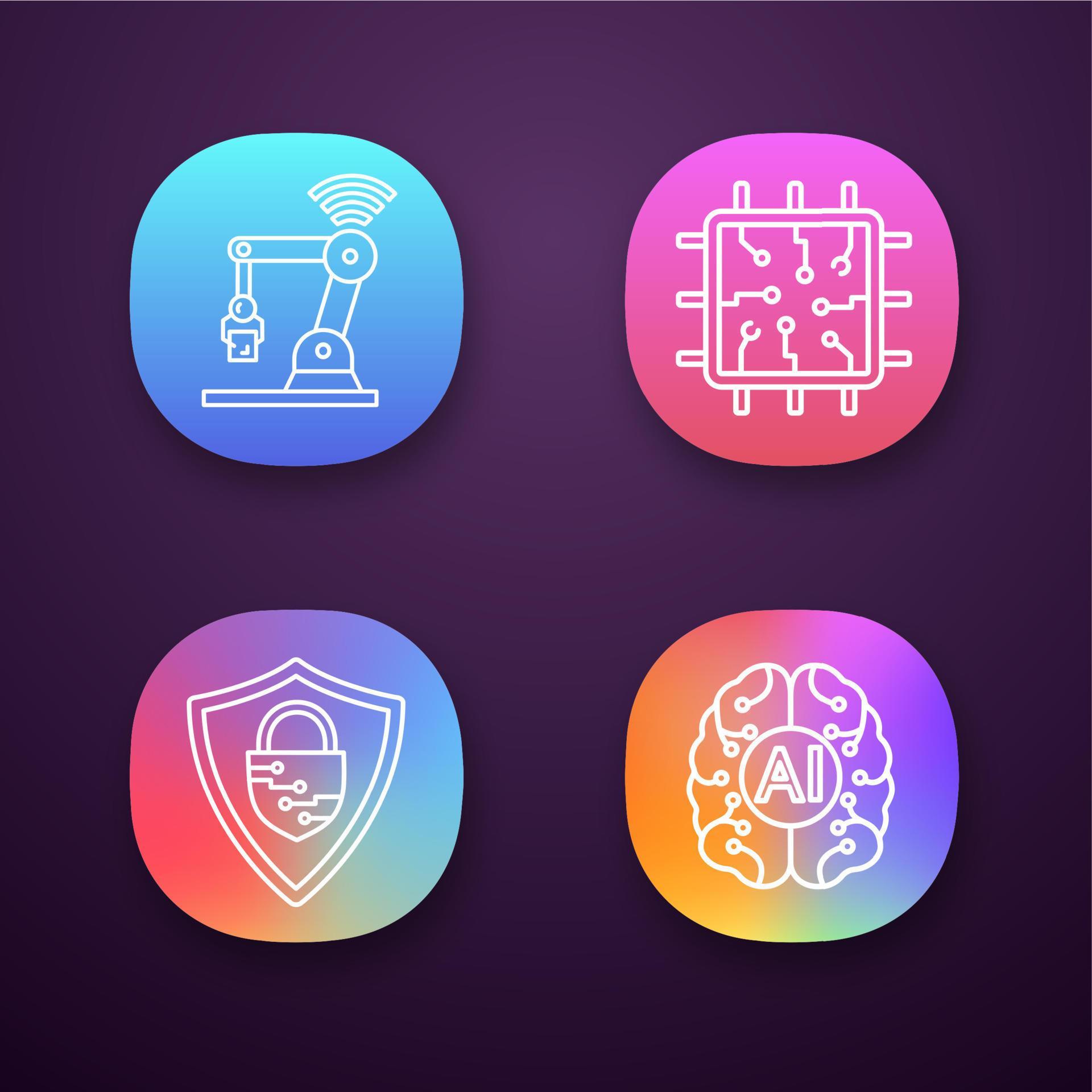 Artificial intelligence app icons set. UIUX user interface. AI. IoT