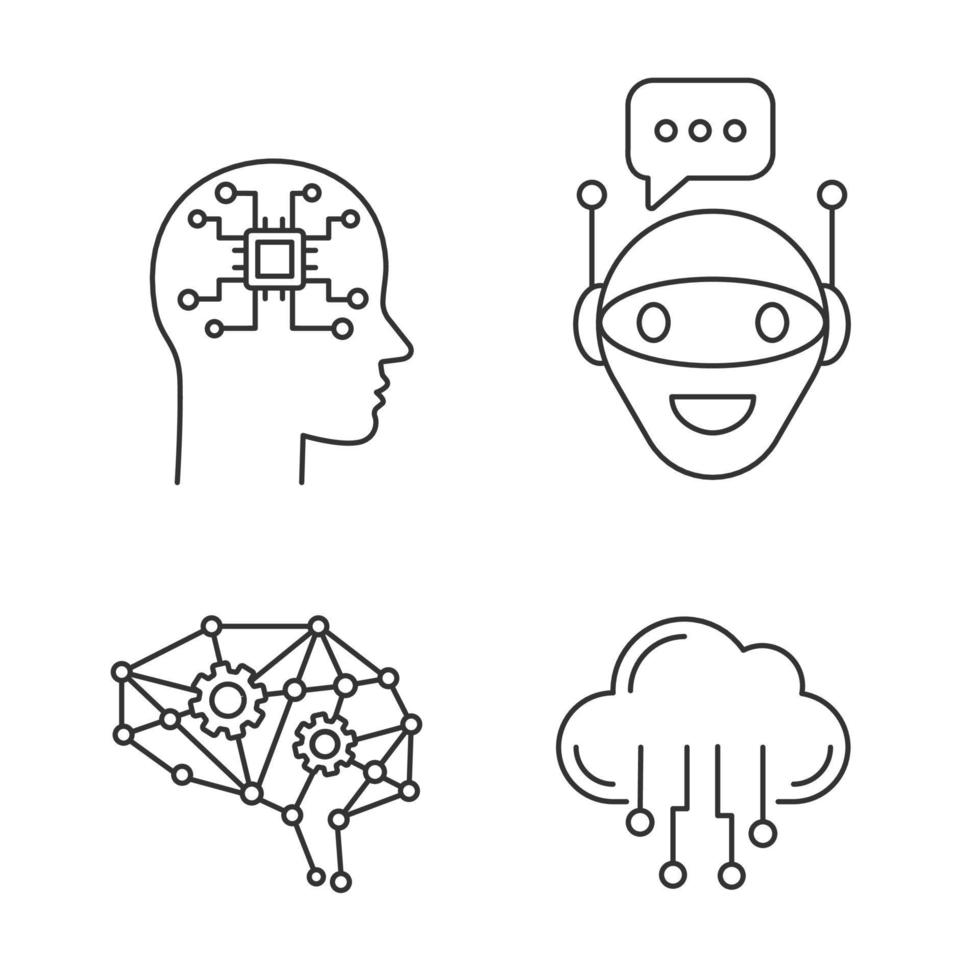 Artificial intelligence linear icons set. Thin line contour symbols. Neural network Neurotechnology. Chat bot, AI, digital brain, cloud computing. Isolated vector outline illustration. Editable stroke