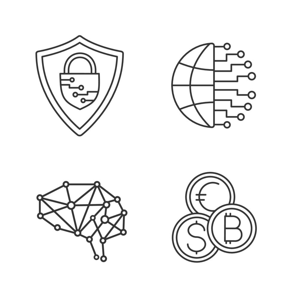 Artificial intelligence linear icons set. Thin line contour symbols. Neurotechnology. Cybersecurity, digital brain, currency exchange, big data. Isolated vector outline illustrations. Editable stroke