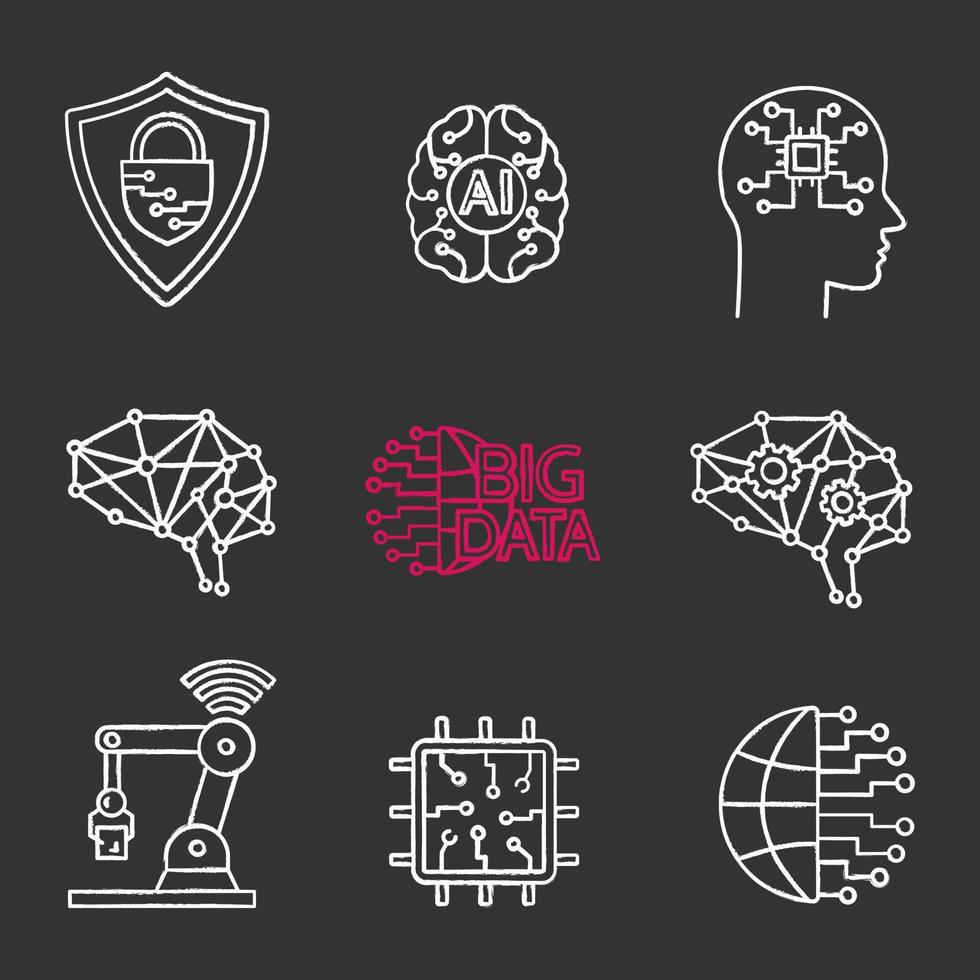 Artificial intelligence chalk icons set. Neurotechnology. Cybersecurity, ai, digital brain, neural network, big data, iot robot, internet of things, chip. Isolated vector chalkboard illustrations