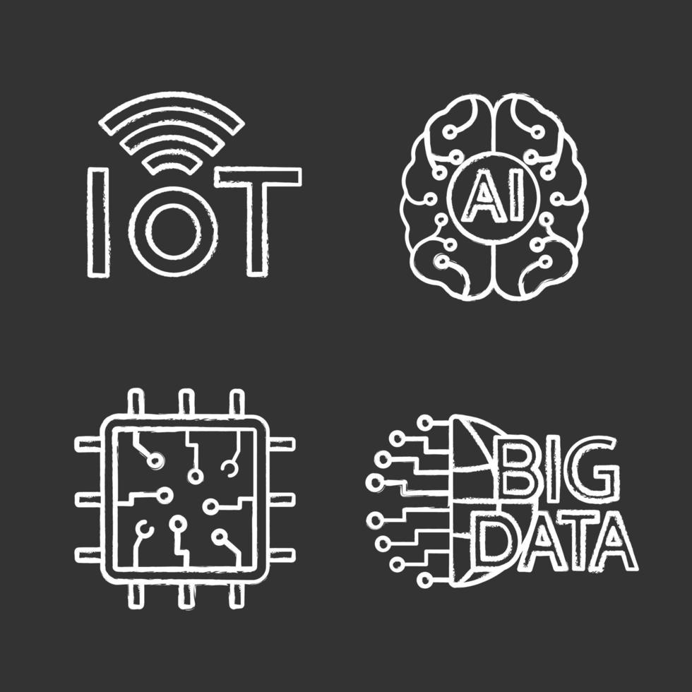 Artificial intelligence chalk icons set. Neural network. Neurotechnology. Internet of things, big data, chip, AI. Isolated vector chalkboard illustrations