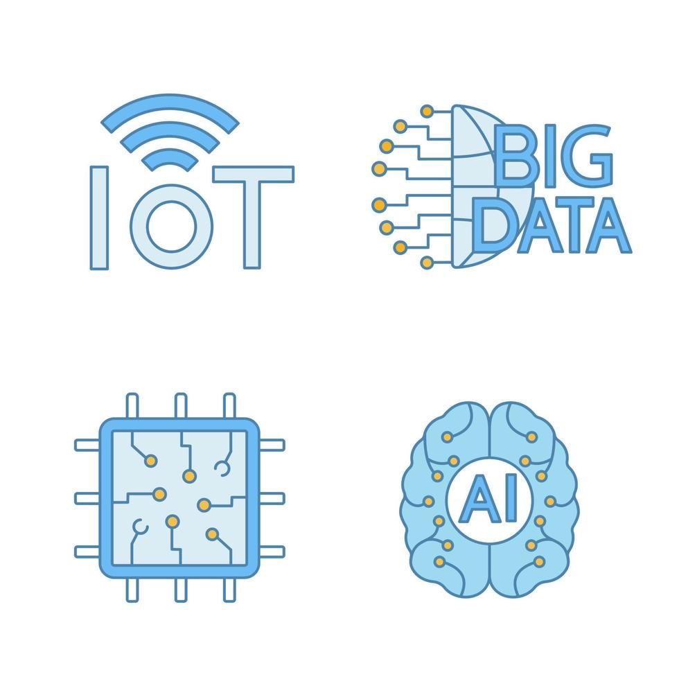 Artificial intelligence color icons set. Neural network. Neurotechnology. Internet of things, big data, chip, ai. Isolated vector illustrations