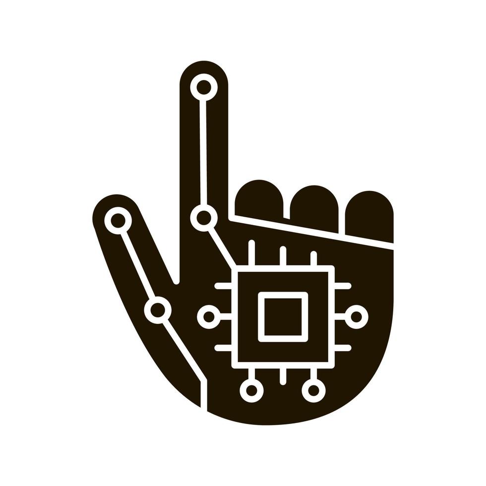 Robotic hand glyph icon. NFC or RFID implant. Digital hand. Microchip implant. Silhouette symbol. Negative space. Vector isolated illustration