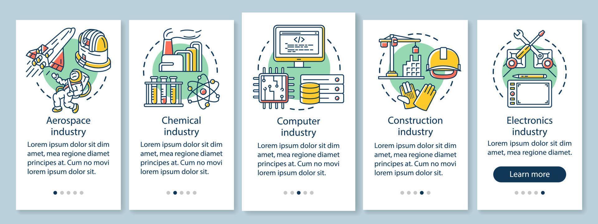 pantalla de la página de la aplicación móvil de incorporación del sector secundario de la economía con conceptos lineales. industria avanzada. instrucciones gráficas de cinco pasos de recorrido. ux, ui, plantilla vectorial gui con ilustraciones vector