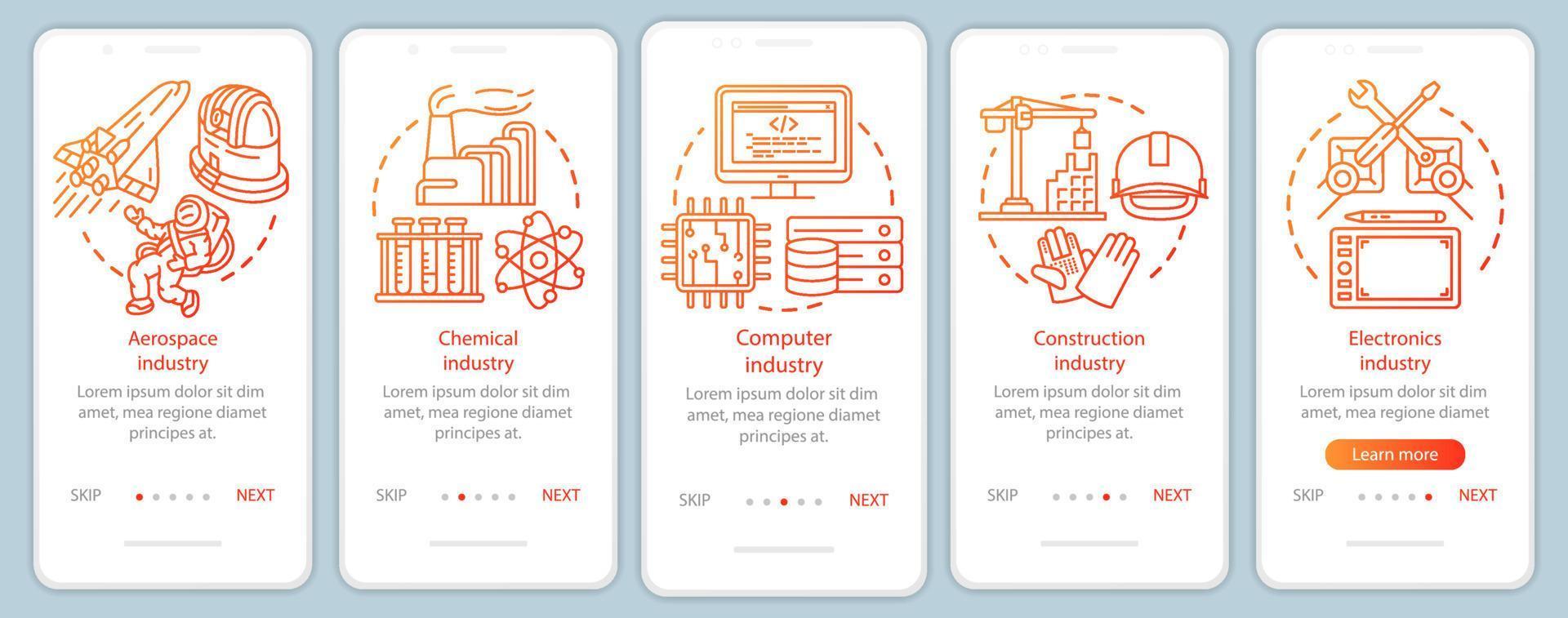 Secondary sector of economy onboarding mobile app page screen vector template. Informational services. Walkthrough website steps with linear illustrations. UX, UI, GUI smartphone interface concept