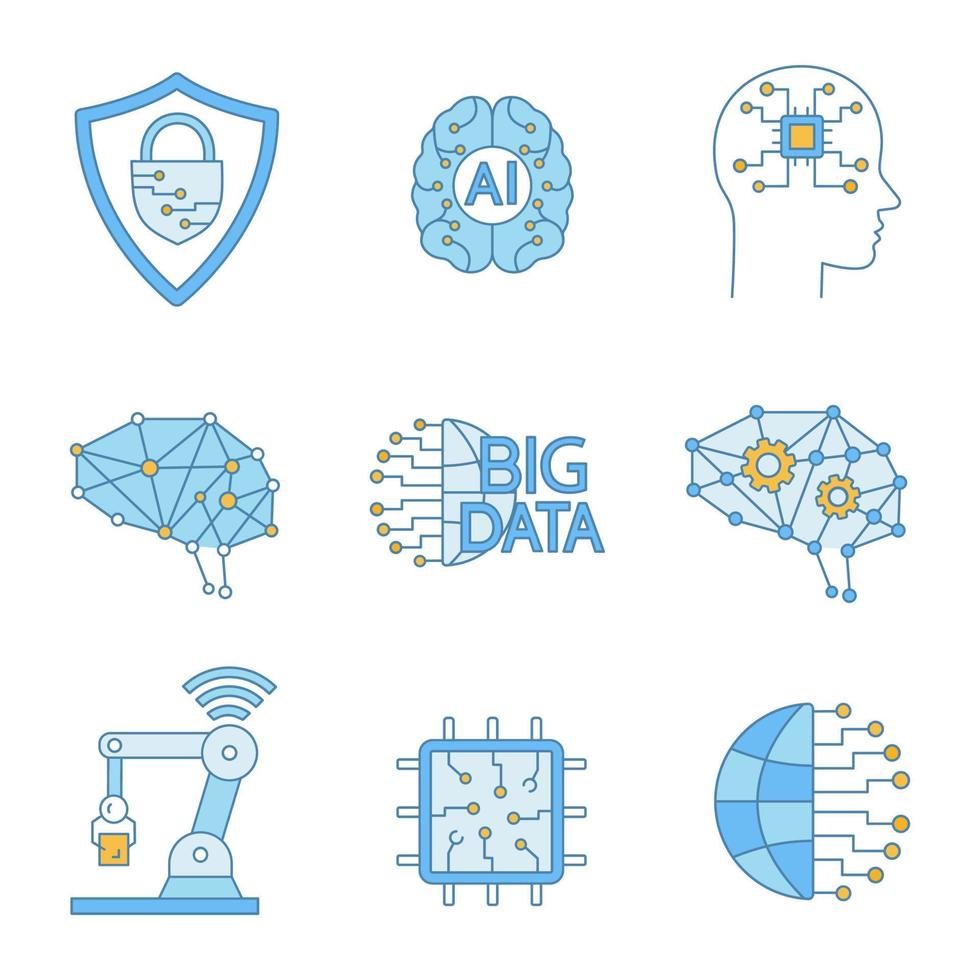 conjunto de iconos de colores de inteligencia artificial. neurotecnología. ciberseguridad, ai, cerebro digital, red neuronal, big data, robot iot, internet de las cosas, chip. ilustraciones de vectores aislados