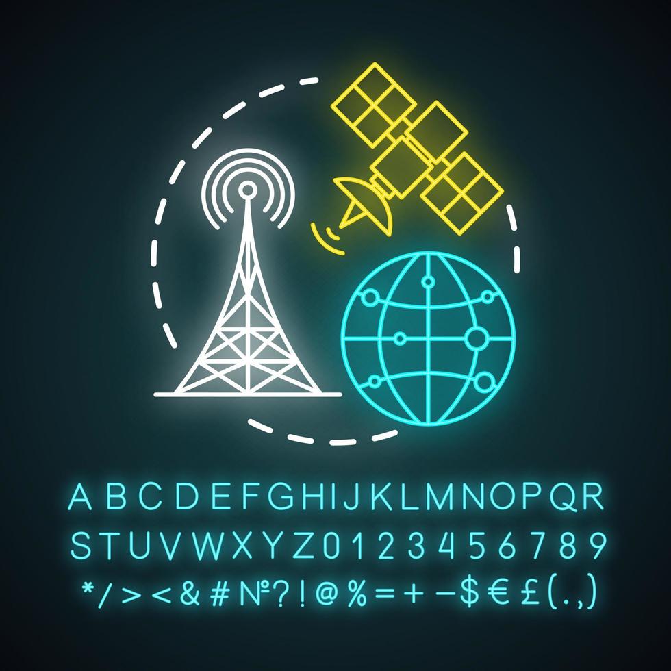 Telecommunication neon light concept icon. Overall network. Satellite connection. Global communication system idea. Glowing sign with alphabet, numbers and symbols. Vector isolated illustration