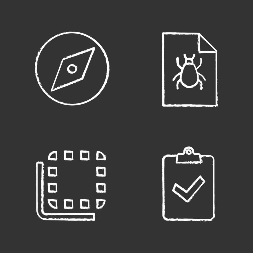 UIUX chalk icons set. Explore tool, bug report, flip to back button, assignment turned in. Isolated vector chalkboard illustrations