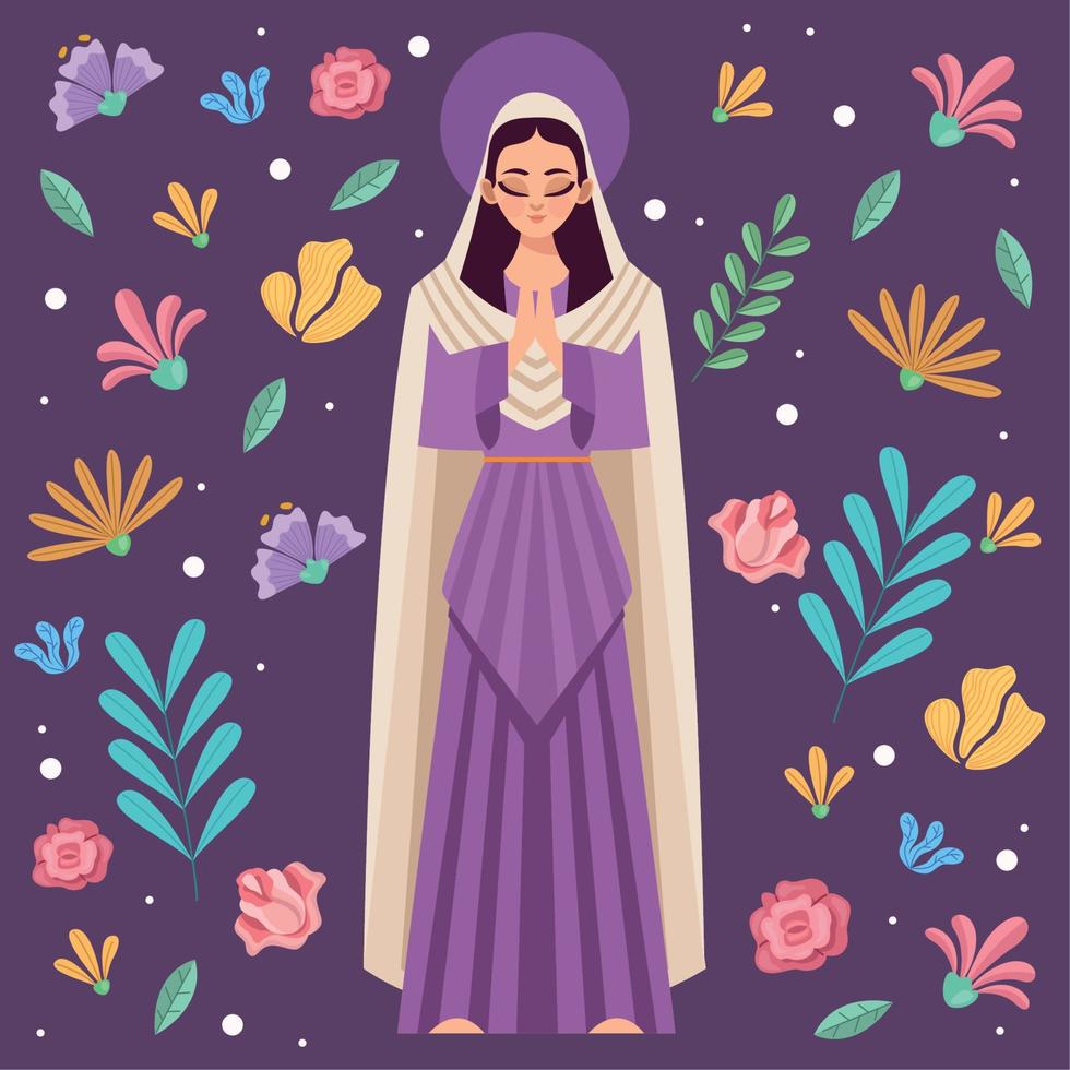 virgen maria morada y flores vector