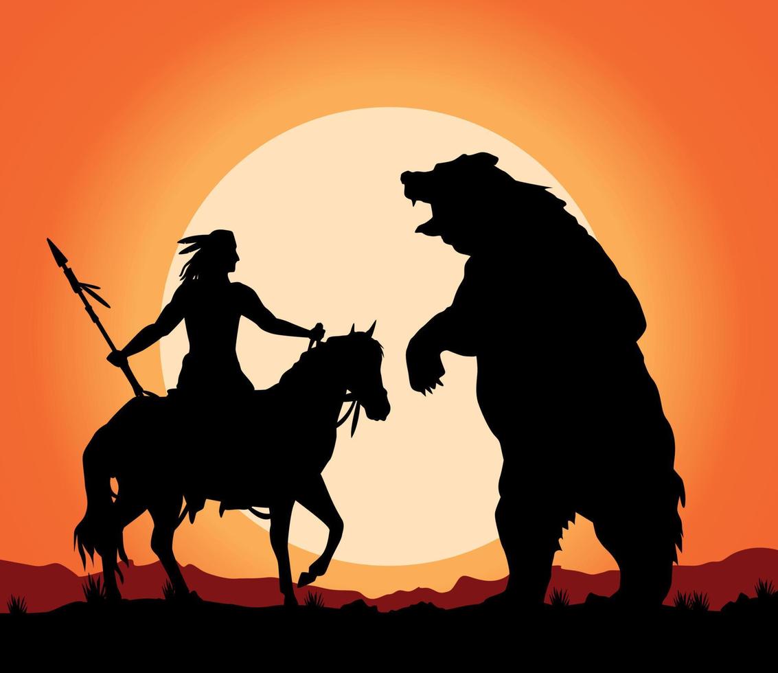 native fighting with bear sunset vector