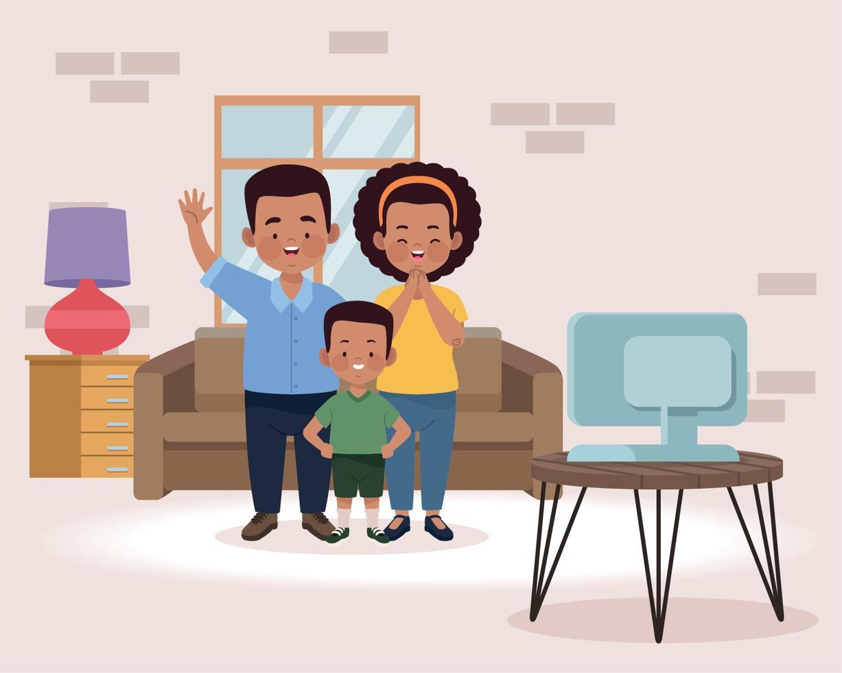 afro couple with son in livingroom vector