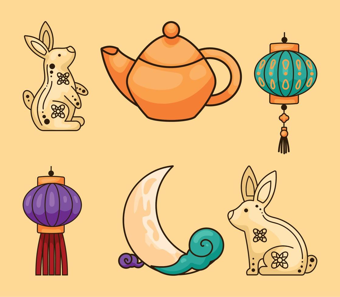 seis iconos del festival de la luna china vector
